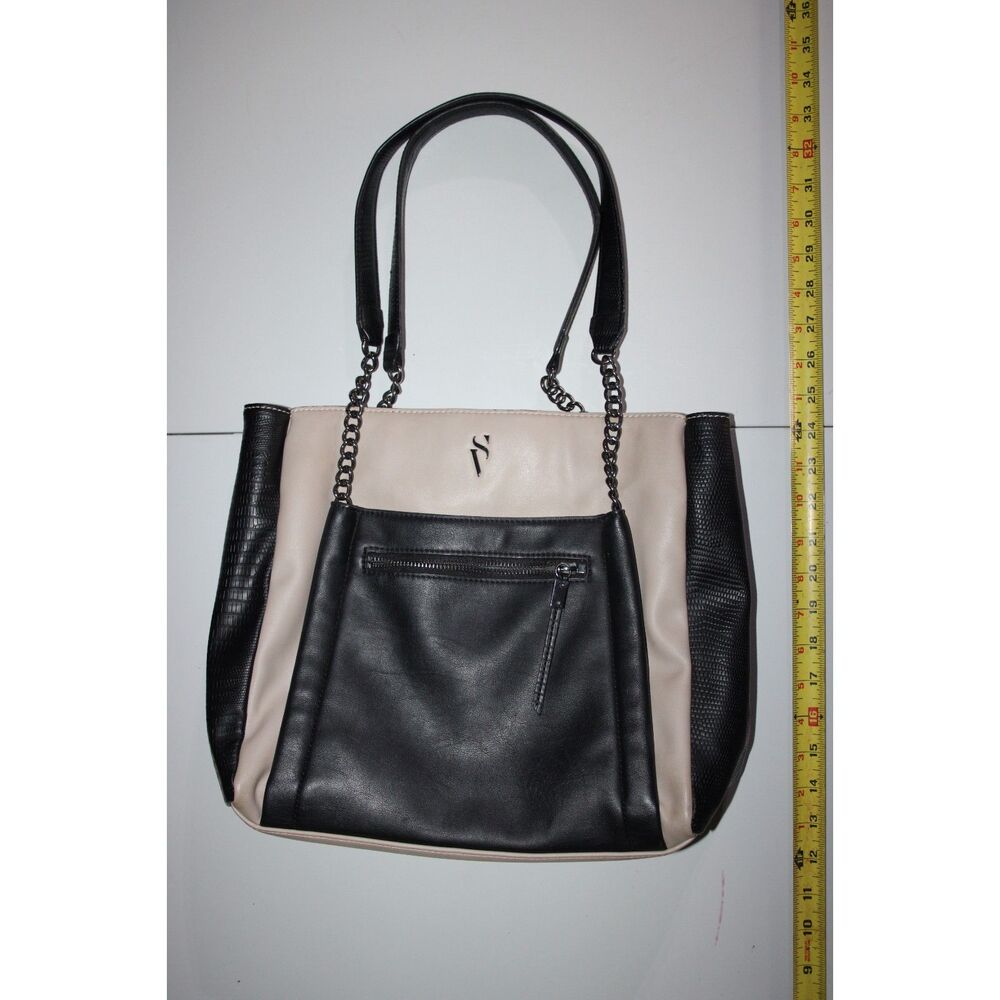 Simply Vera Vera Wang Black Tan Colorblock Tote Bag Chain Strap Zip